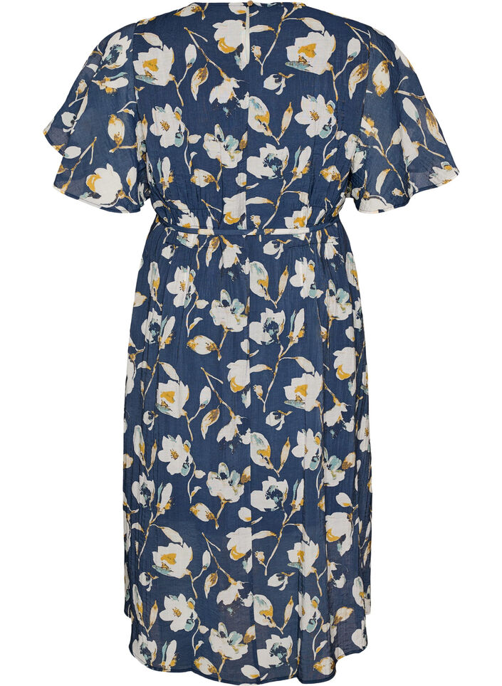 Enkellange jurk met vlindermouwen en strikceintuur, Blauw, Packshot image number 1