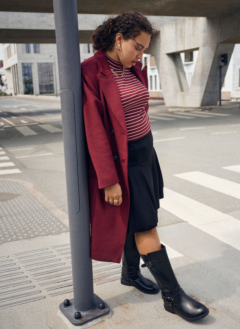 Geribde gestreepte jersey blouse met een hoge hals, Donker Bordeaux, Image