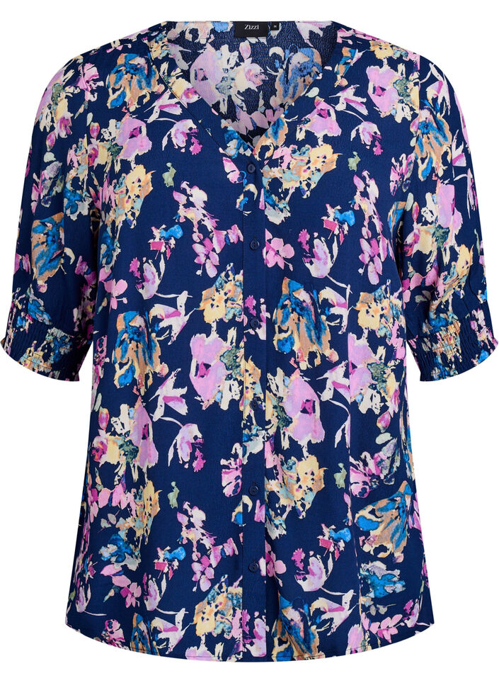 Viscose blouse met korte mouwen, Blauw, Packshot image number 0
