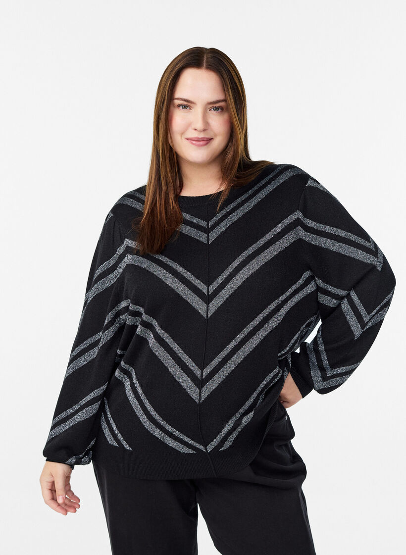 Gebreide blouse met patroon en glittereffect, Zwart, Model image number 0