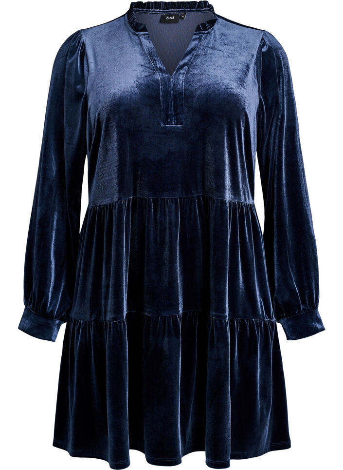 Veloursjurk met lange mouwen en een ruchekraag, Blauw, Packshot image number 0