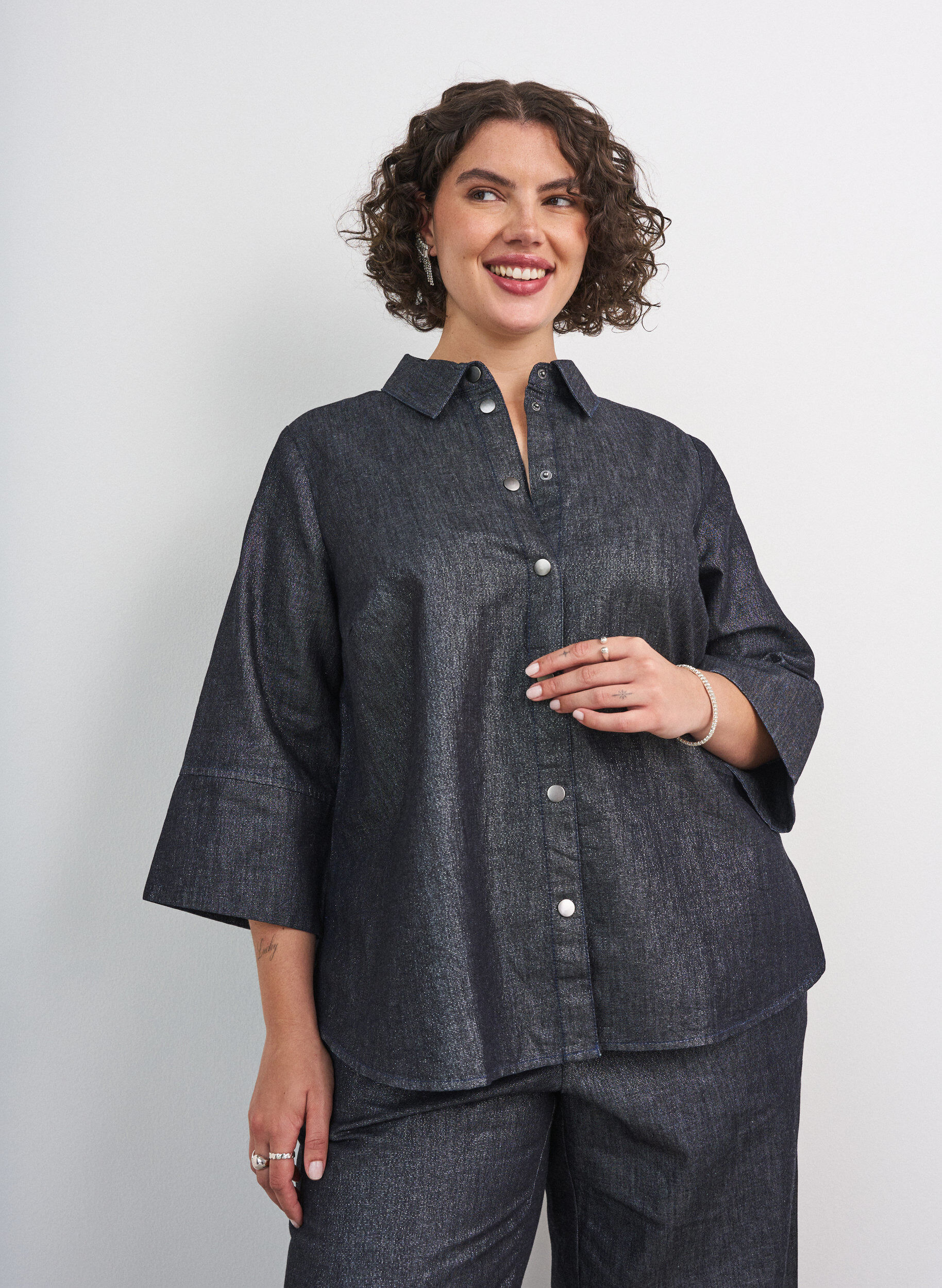 Denimshirt met glitterdraad en 3/4-mouwen, Grijs, Model