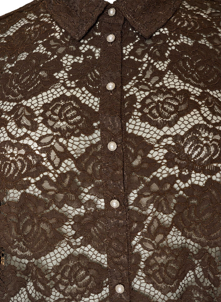 Kanten shirt met parelknopen, Bruin, Packshot image number 2