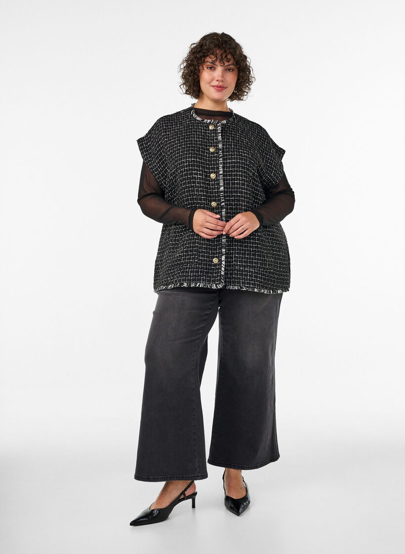 Geruite gilet met decoratieve knopen, Zwart, Model image number 1
