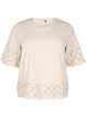 T-shirt met broderie anglaise en geschulpte randen, Beige, Packshot image number 0