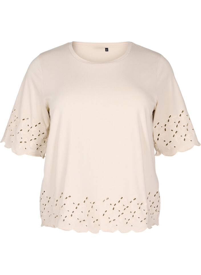 T-shirt met broderie anglaise en geschulpte randen, Beige, Packshot image number 0
