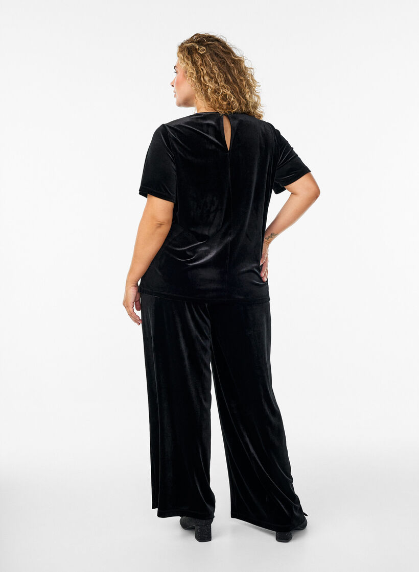 Veloursbroek met een high waist en wijde pijpen, Zwart, Model