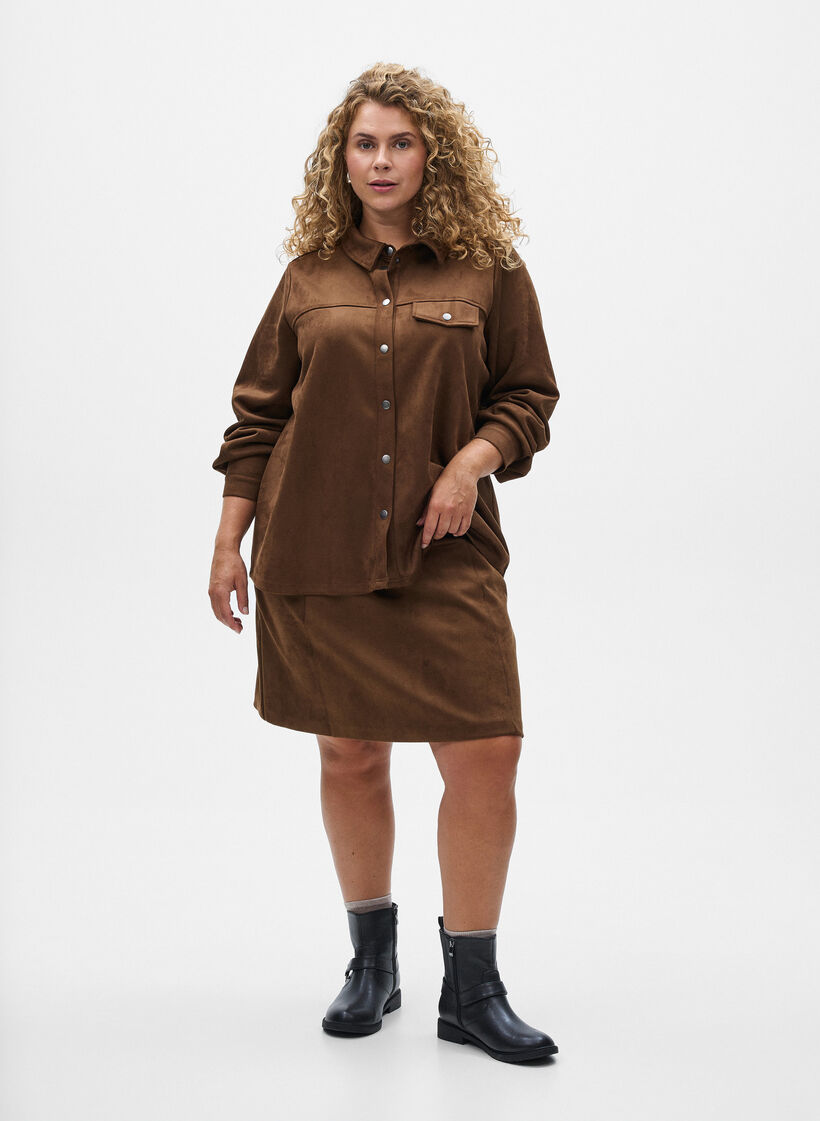 Korte A-lijn rok in imitatie suède, Brown Fake Suede , Model
