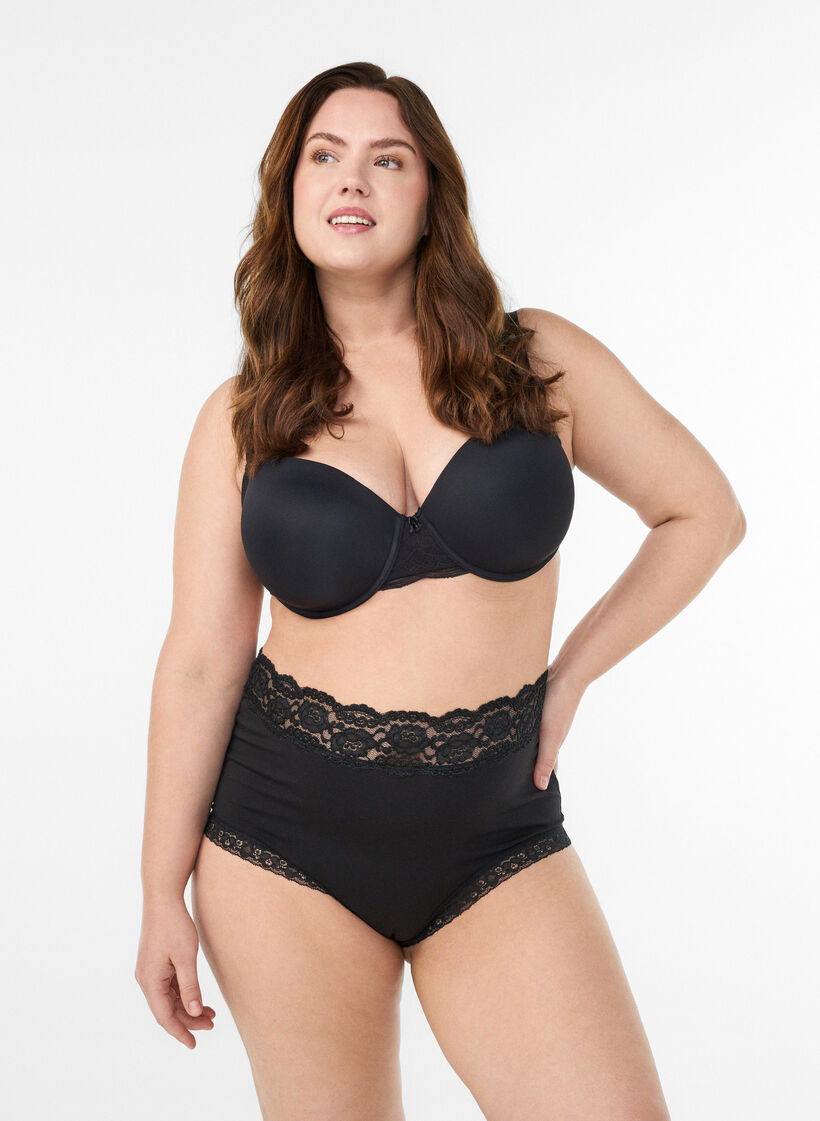 2-pack hipsters met kanten rand en hoge taille, Zwart, Model image number 0