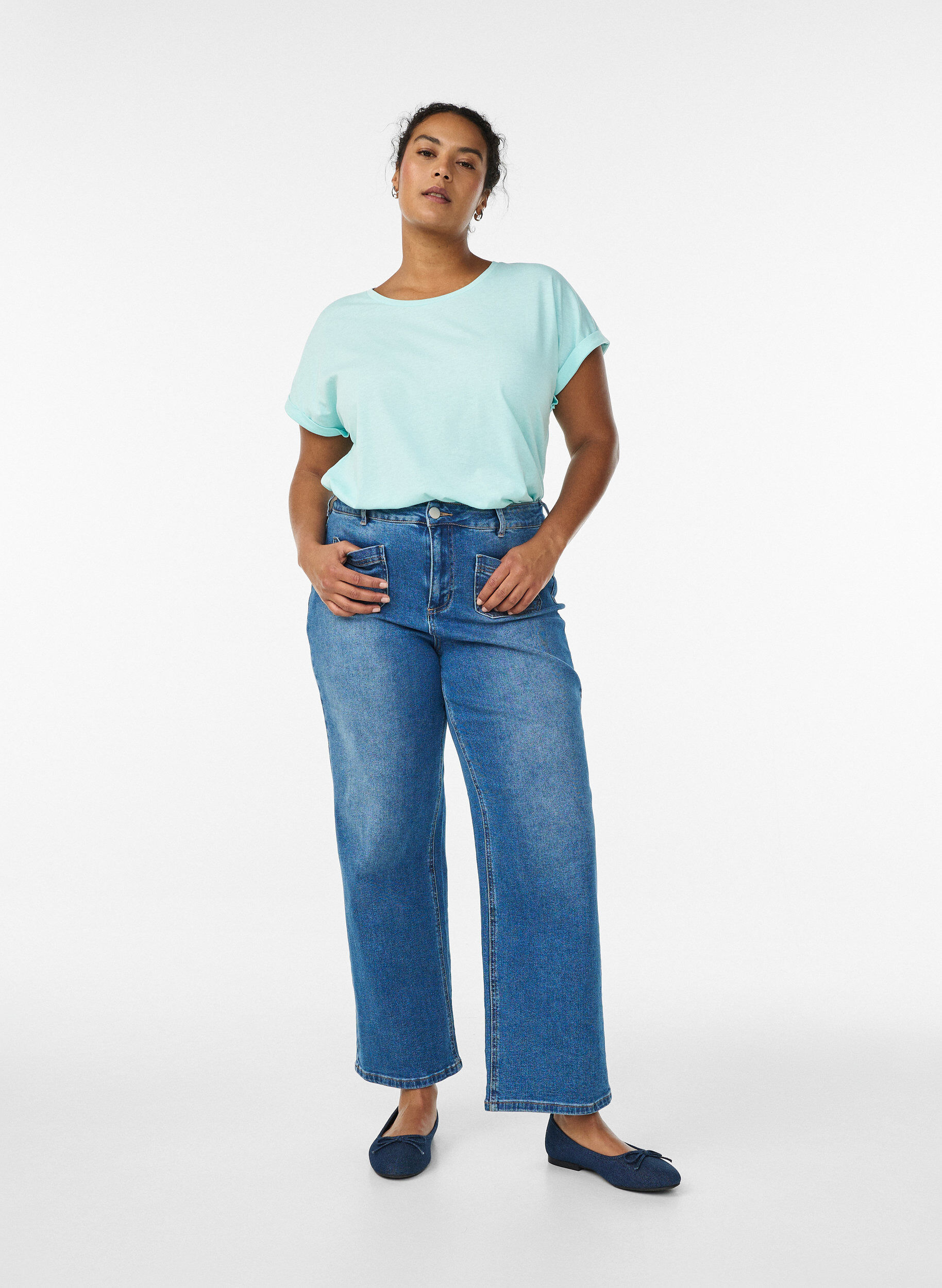 ZizziT-shirt met korte mouwen van katoenmix, Turquoise, Model image number 1