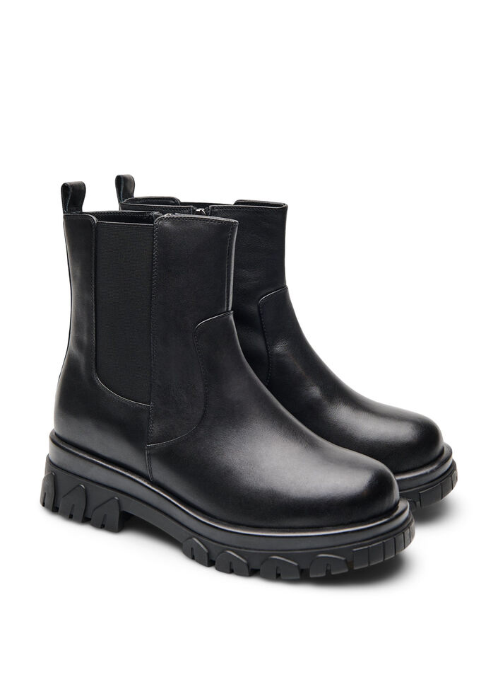 Wide fit - Chunky leren Chelsea boots met ritssluiting, Black, Packshot