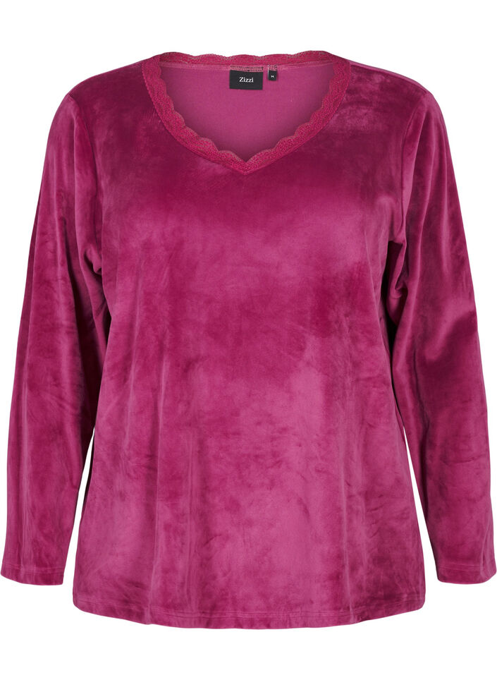 Velour blouse met V-hals, Boysenberry, Packshot image number 0