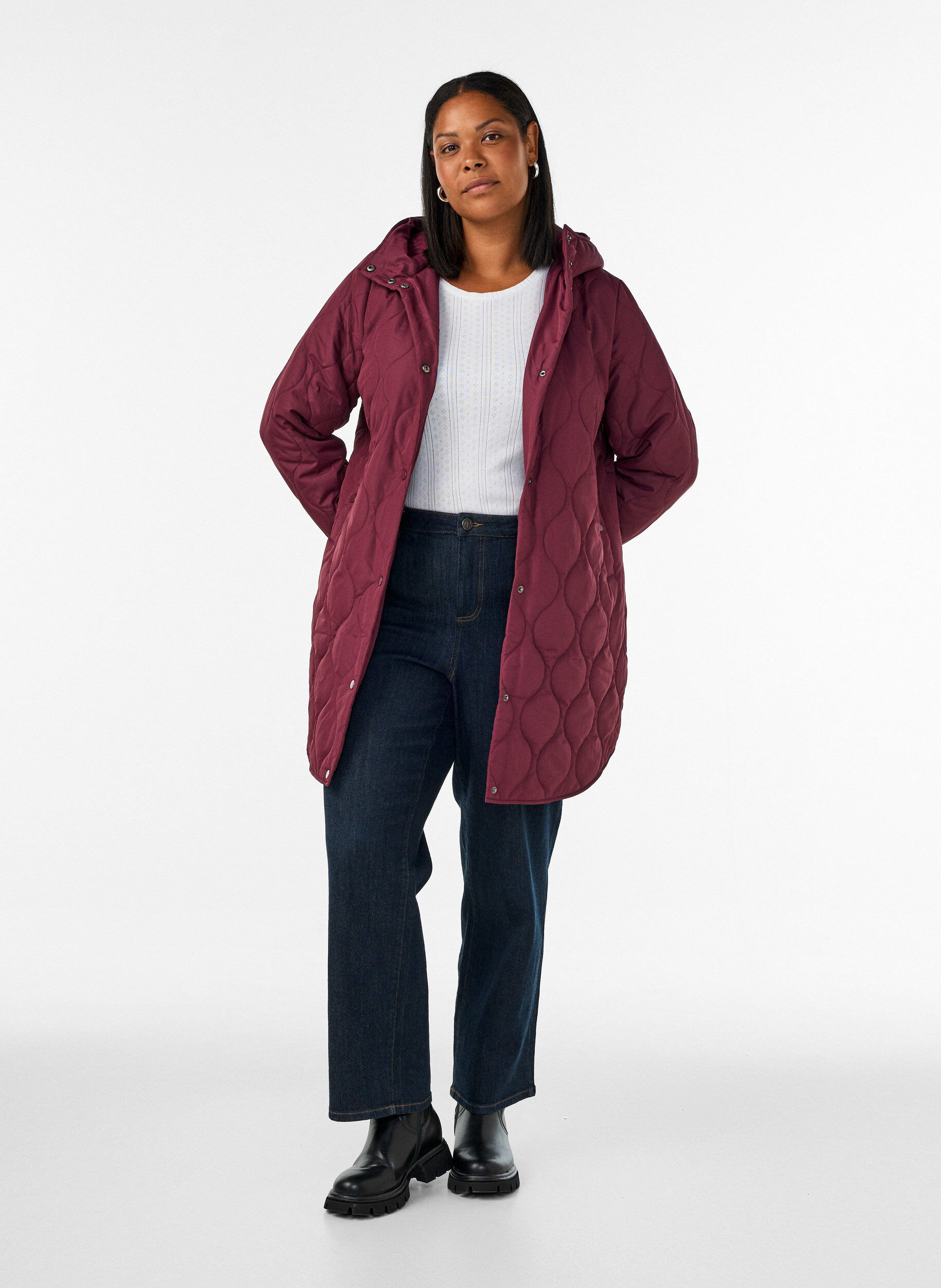 ZizziHalflange gewatteerde jas met een capuchon, Rood, Model image number 1