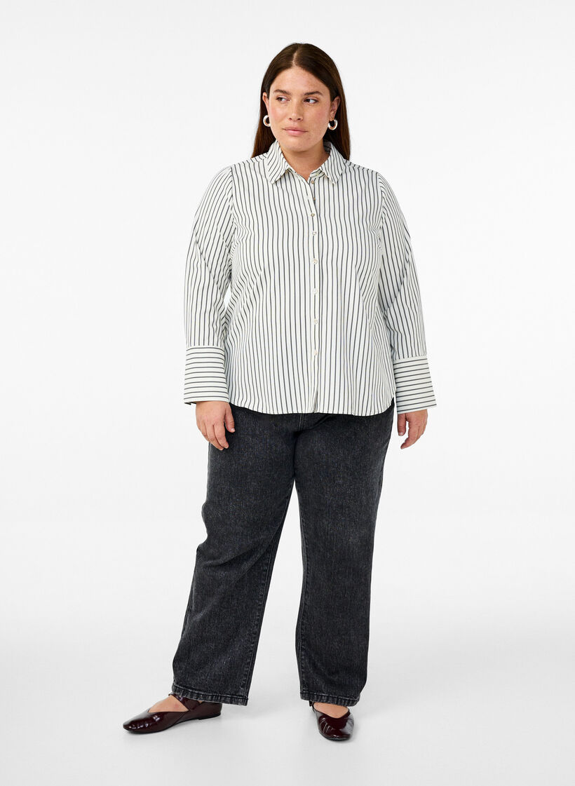 Gestreept shirt met wijde manchetten, White/Black Stripe, Model