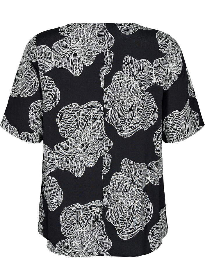 Korte mouw visrose Blouse met print, Zwart, Packshot image number 1