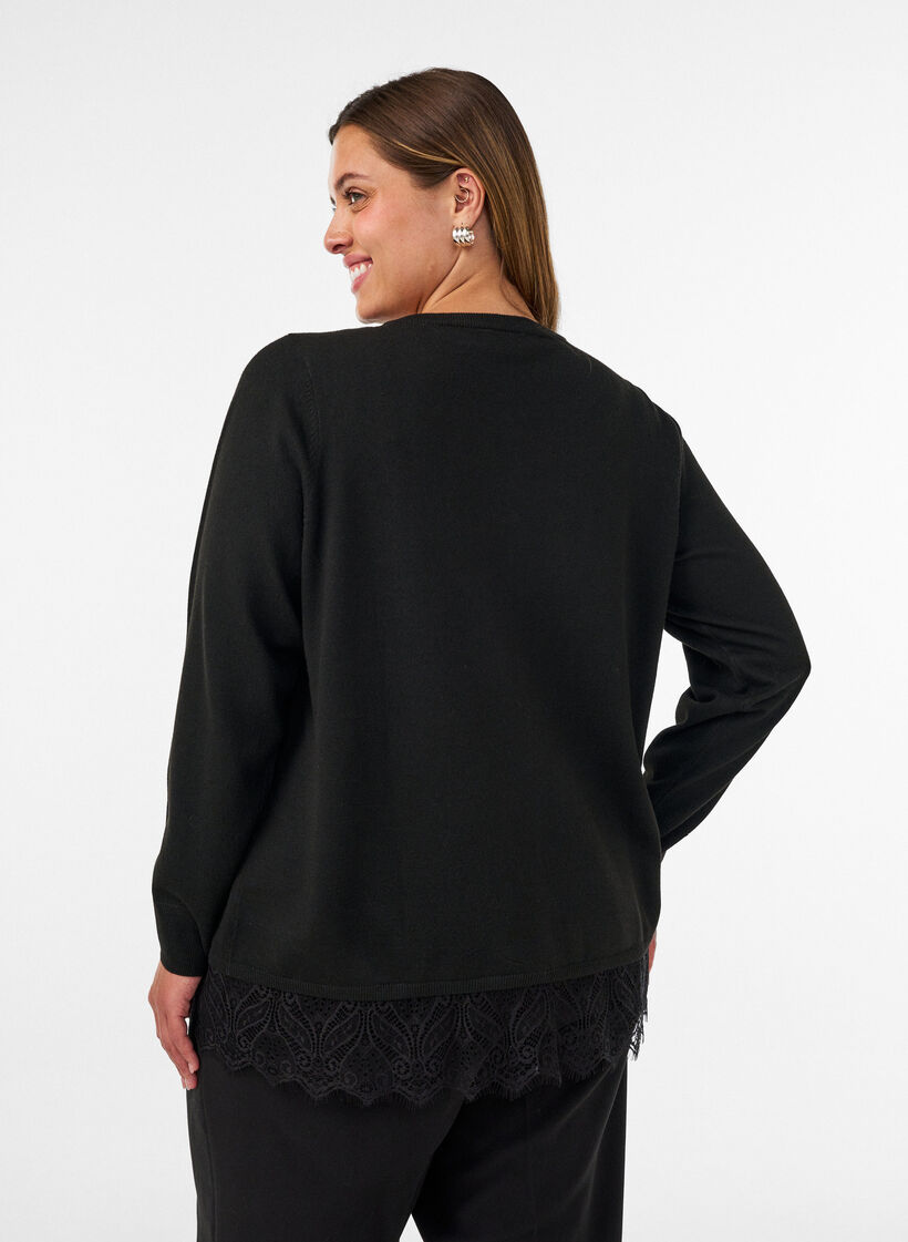 Cardigan met brede kanten zoom, Zwart, Model image number 2