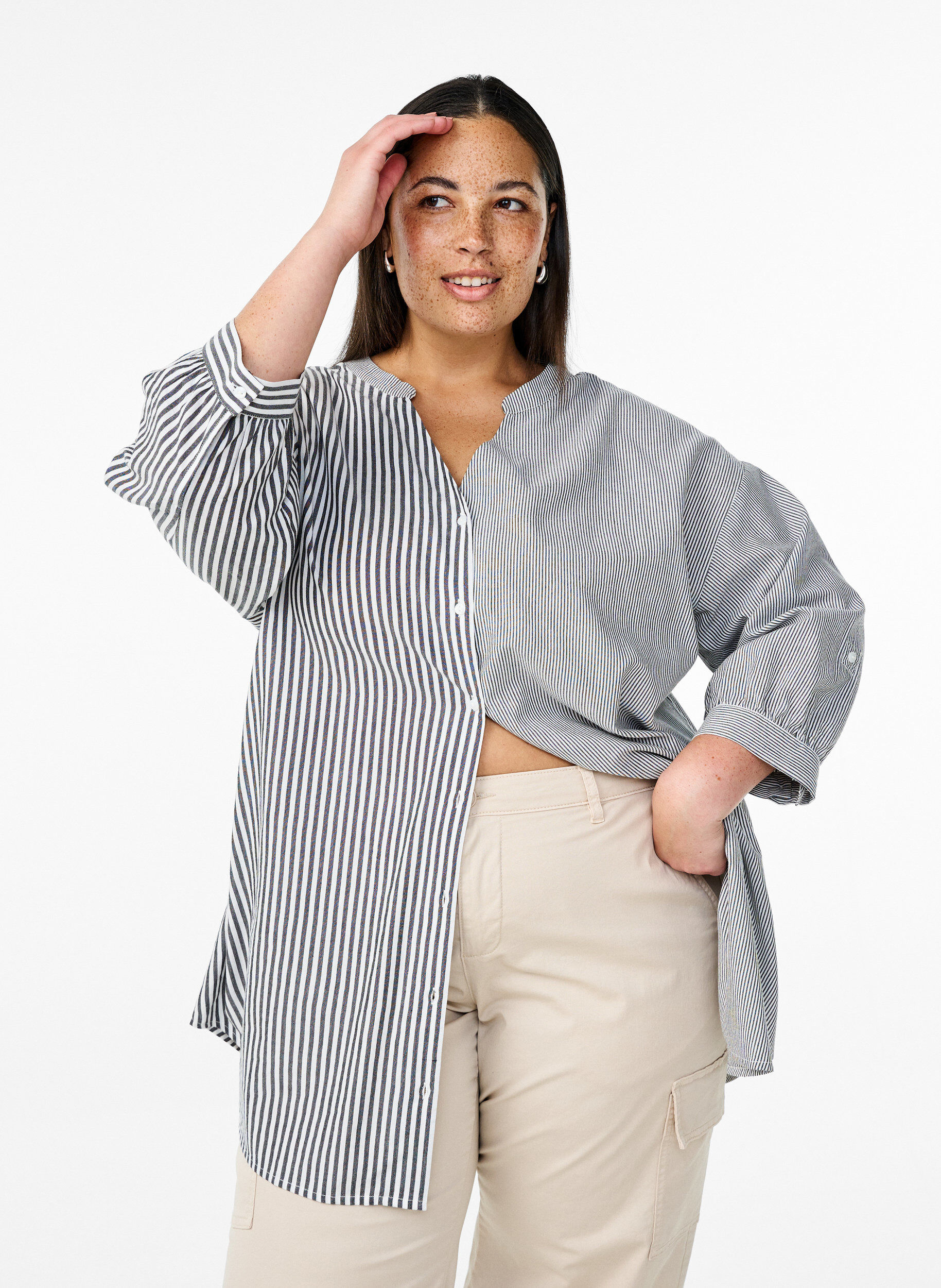 Gestreepte tuniek met 3/4 mouwen, Zwart, Model