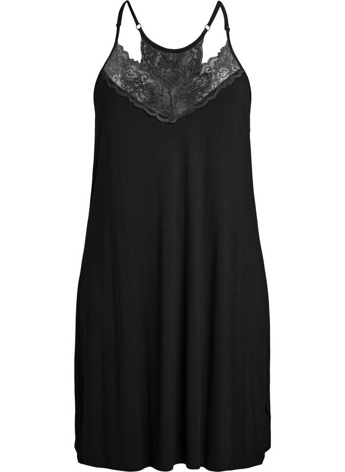 Mouwloze viscose nachtjurk met kantdetails, Zwart, Packshot image number 0