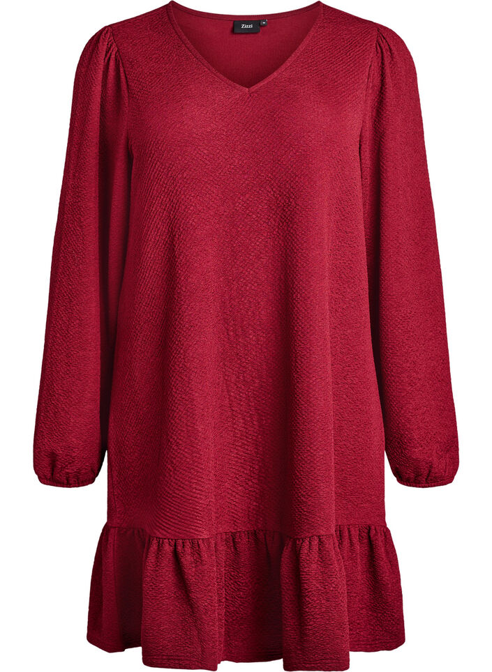 Korte jurk met een ruffle zoom en structuur, Donker Bordeaux, Packshot image number 0