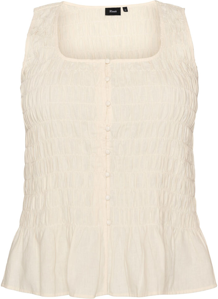 Mouwloze top van katoen en linnen met smock, Vanille, Packshot image number 0