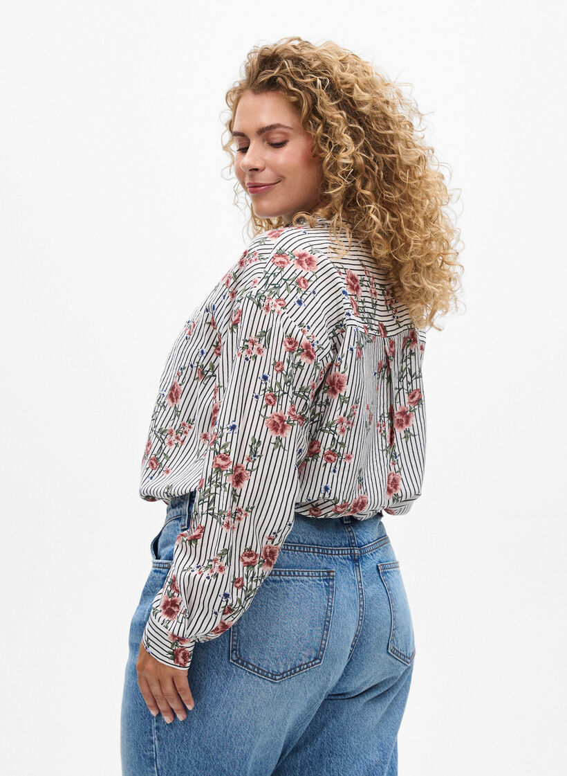 Shirt met bloemenprint en smalle strepen, Black Striped AOP, Model
