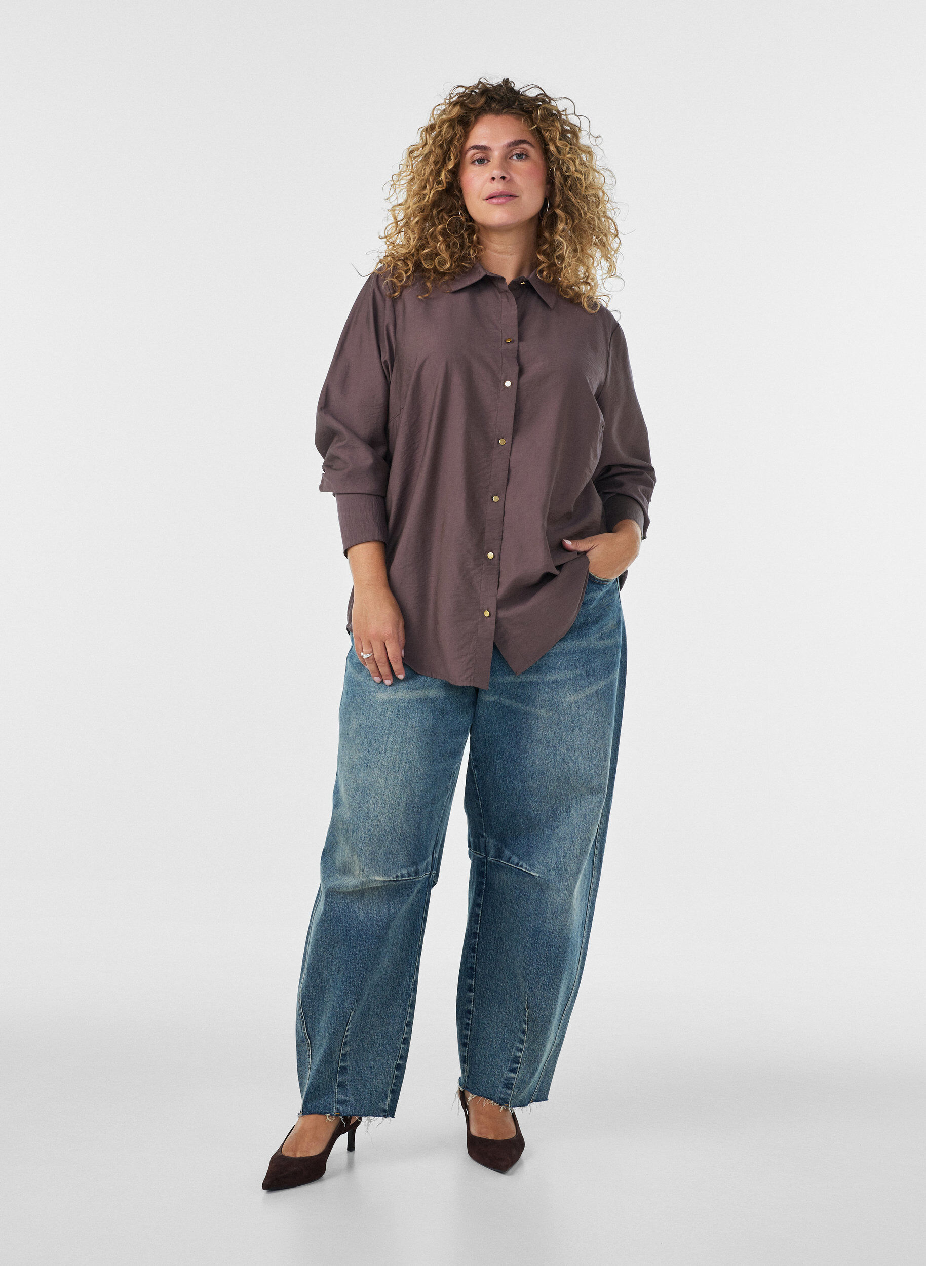 ZizziViscose shirt met gouden knopen, Bruin, Model image number 1