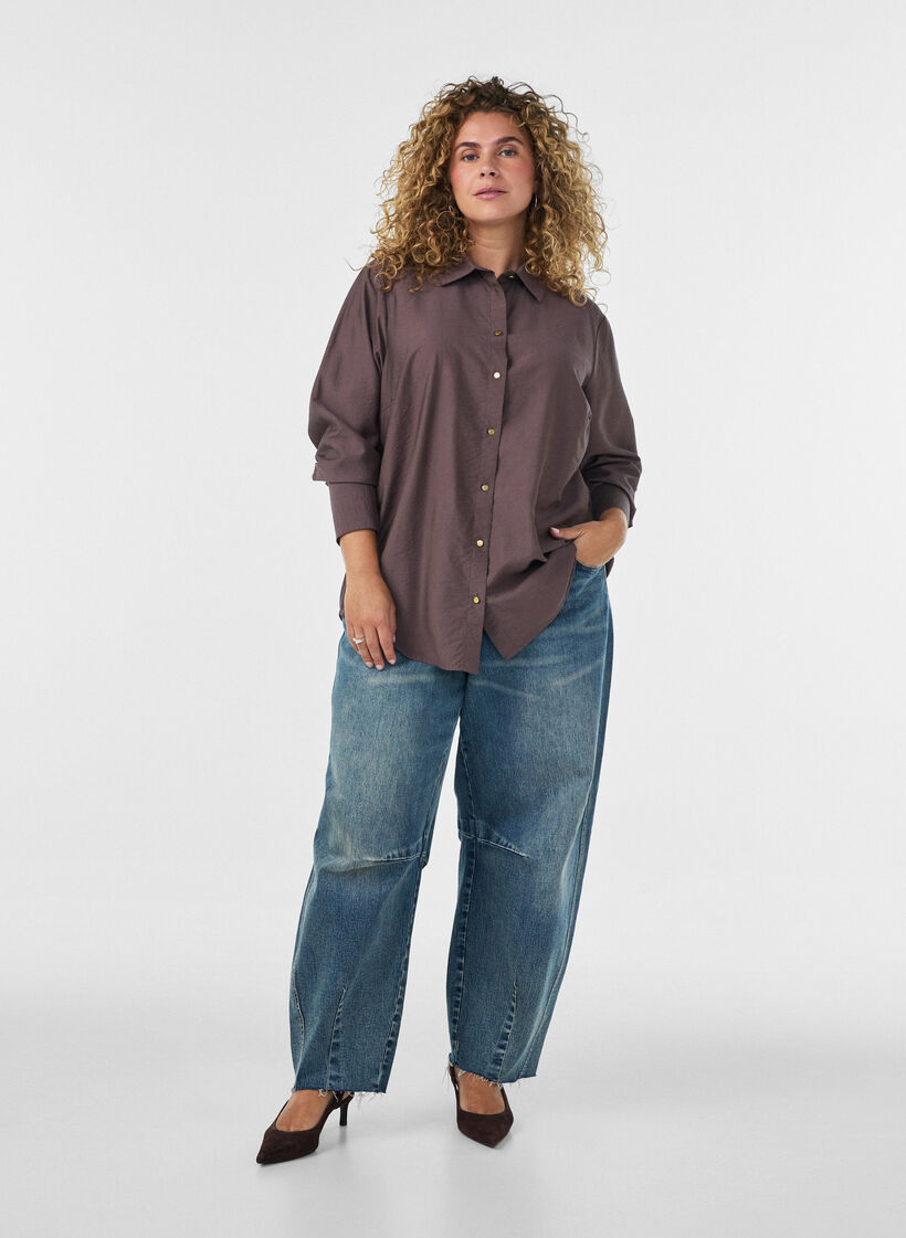 Viscose shirt met gouden knopen, Bruin, Model image number 1