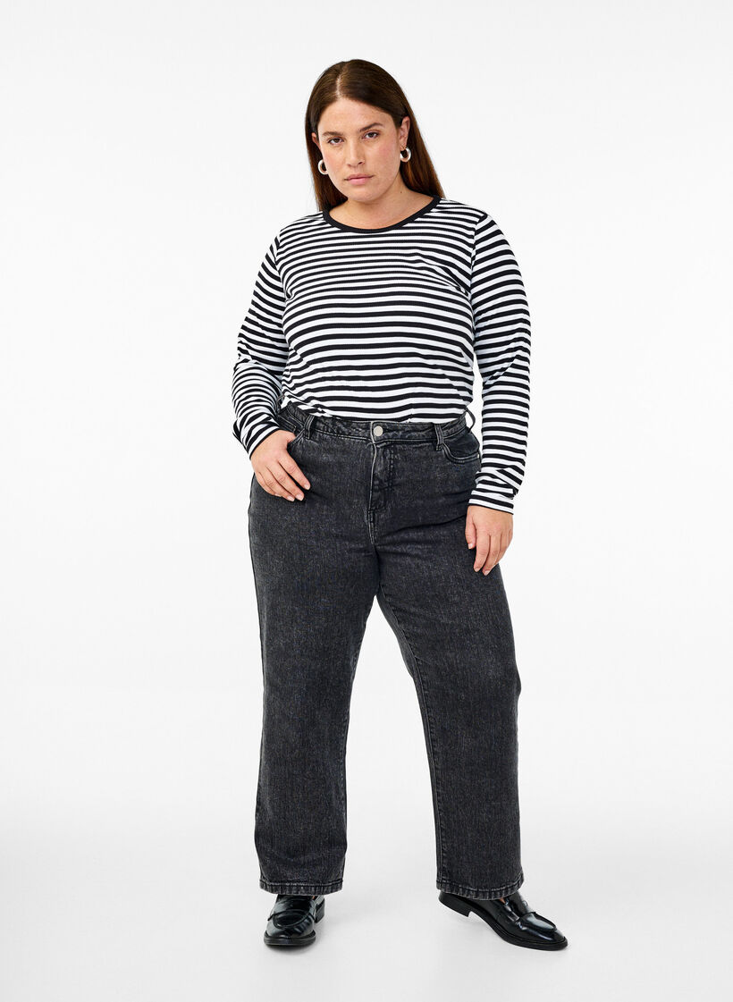 Gestreepte blouse met lange mouwen, Zwart, Model image number 1
