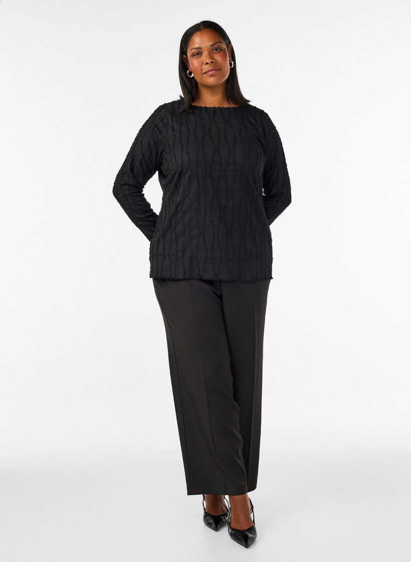 Jersey blouse met een golvende textuur, Zwart, Model image number 1