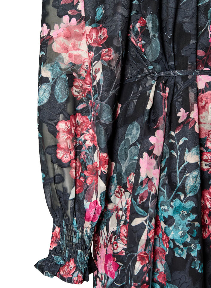 Bloemen midi-jurk met geweven textuur en strikceintuur, Zwart, Packshot image number 3