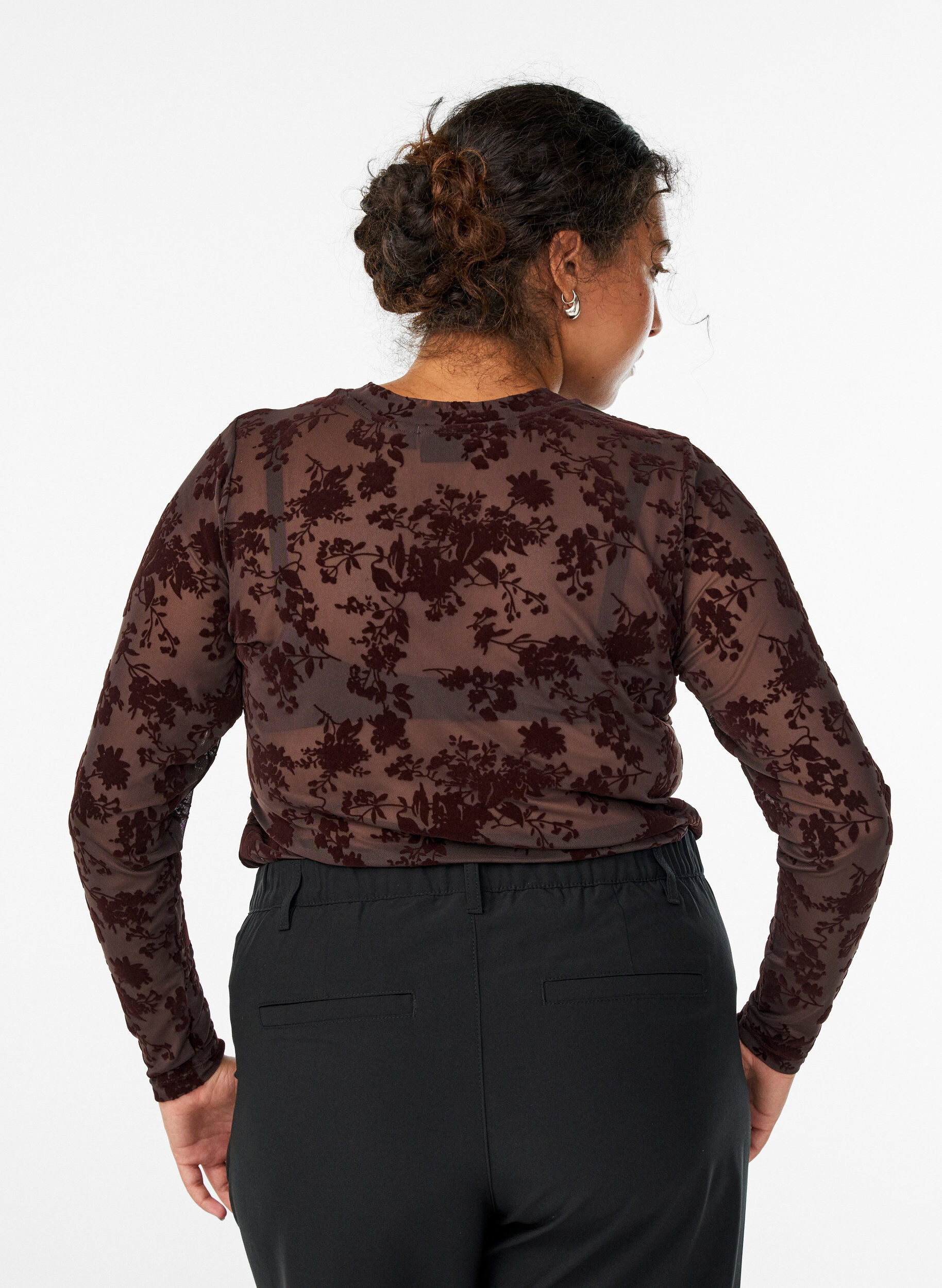 ZizziMesh blouse met bloemenpatroon, Bruin, Model image number 2