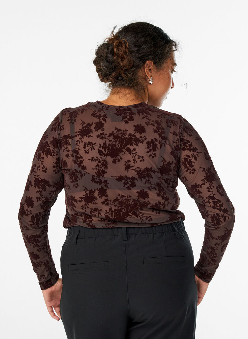 Mesh blouse met bloemenpatroon, Bruin, Model image number 2