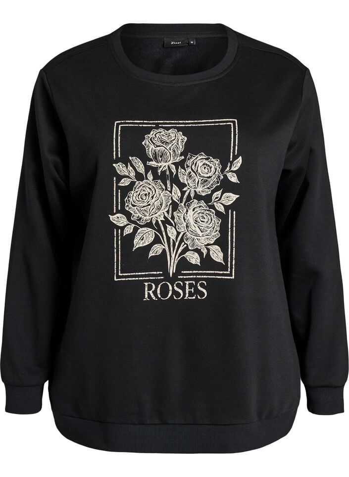 Sweatshirt met rozenprint en strassteentjes, Zwart, Packshot image number 0