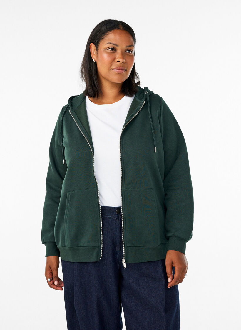 Sweatshirt met capuchon, ritssluiting en zakken, Groen, Model image number 0