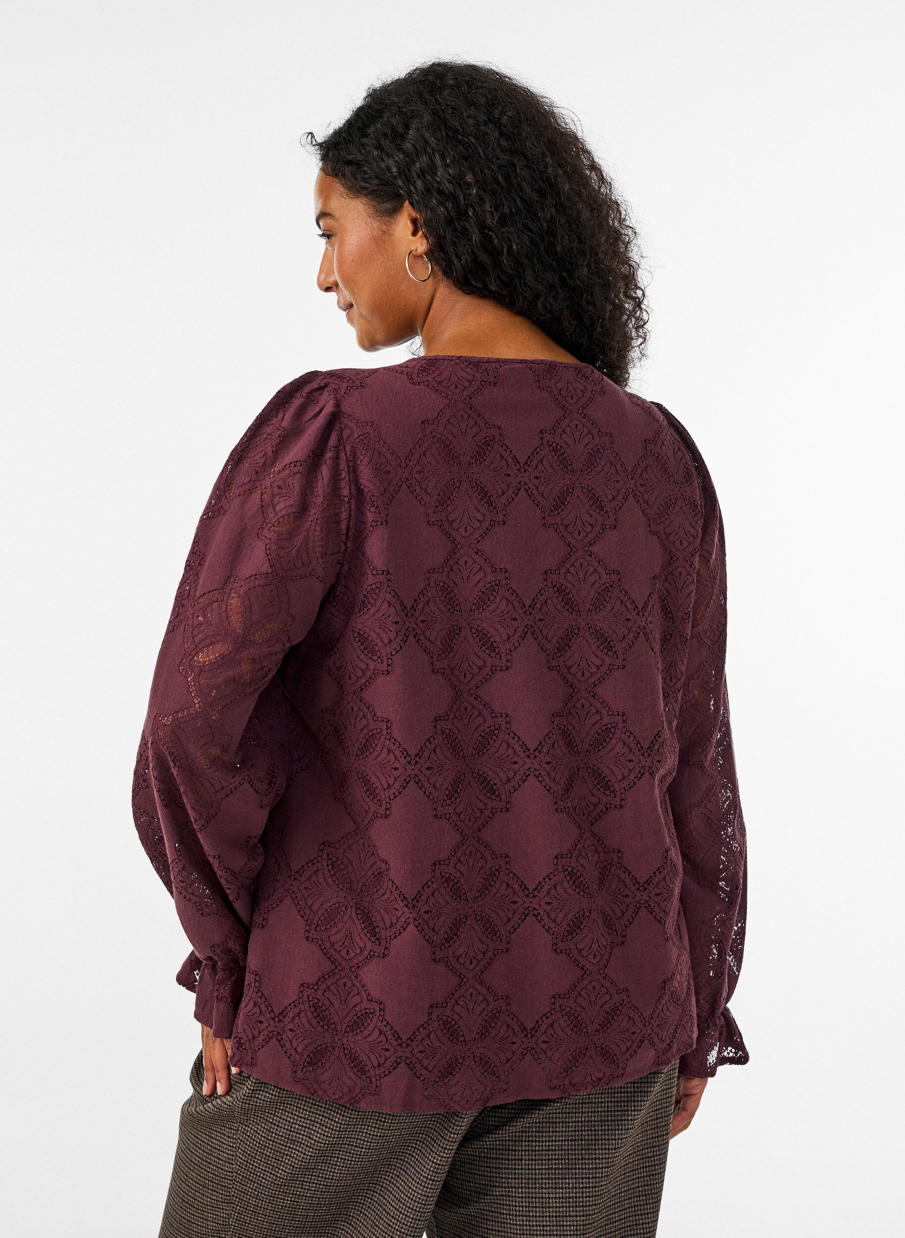 ZizziBlouse met lange mouwen met kantpatroon, Donker Bordeaux, Model image number 2
