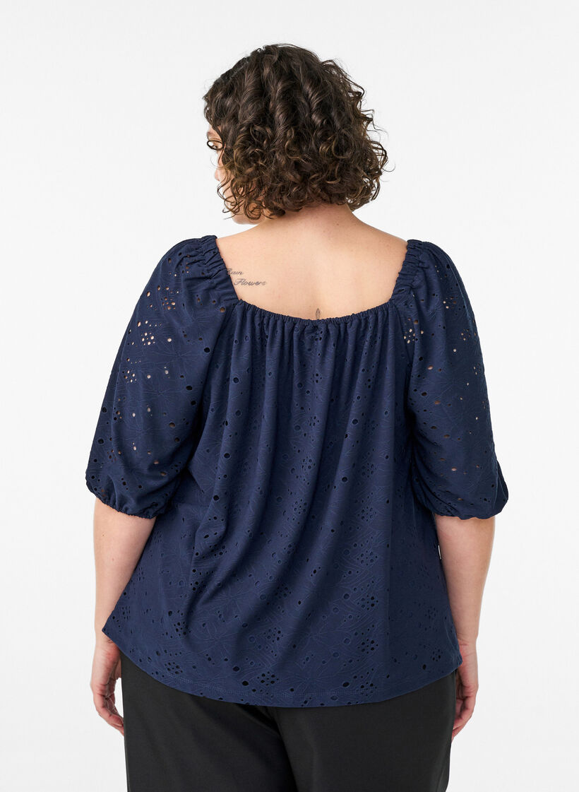 Blouse met korte pofmouwen en een opengewerkt patroon, Blauw, Model image number 2