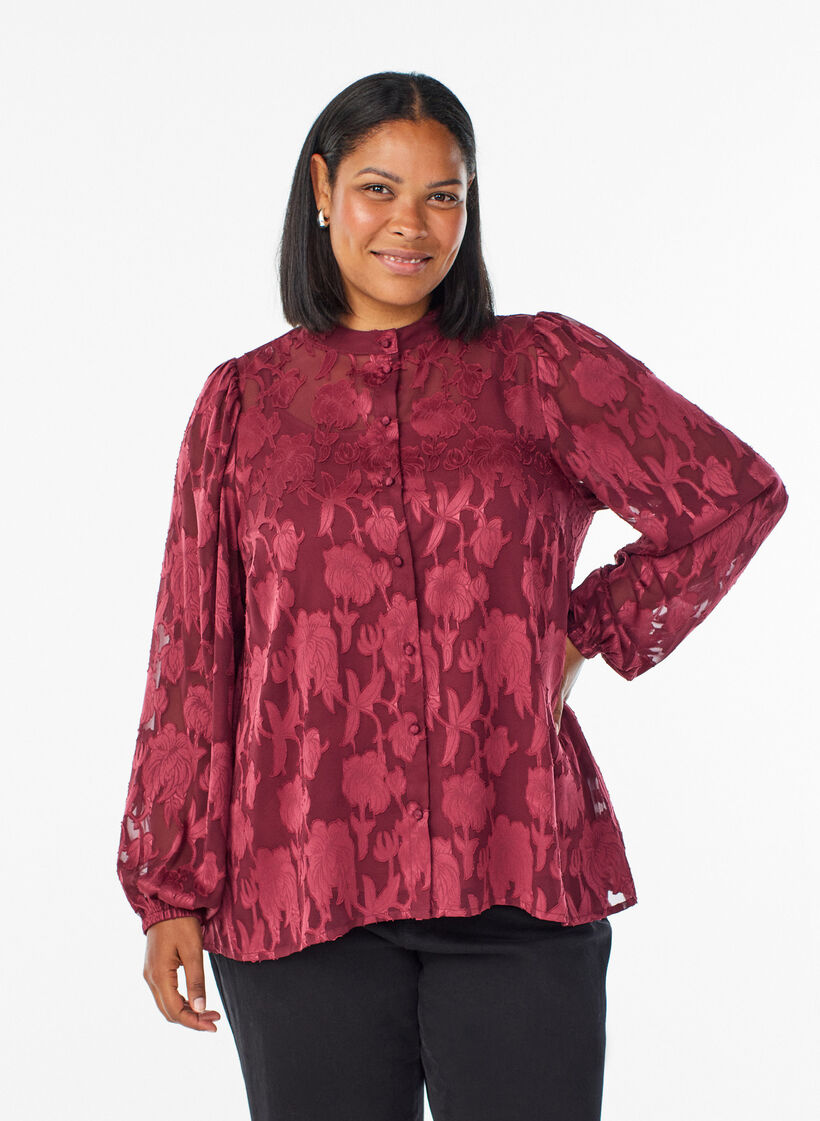 Blouse met knoopjes en bloemenpatroon, Donker Bordeaux, Model image number 0