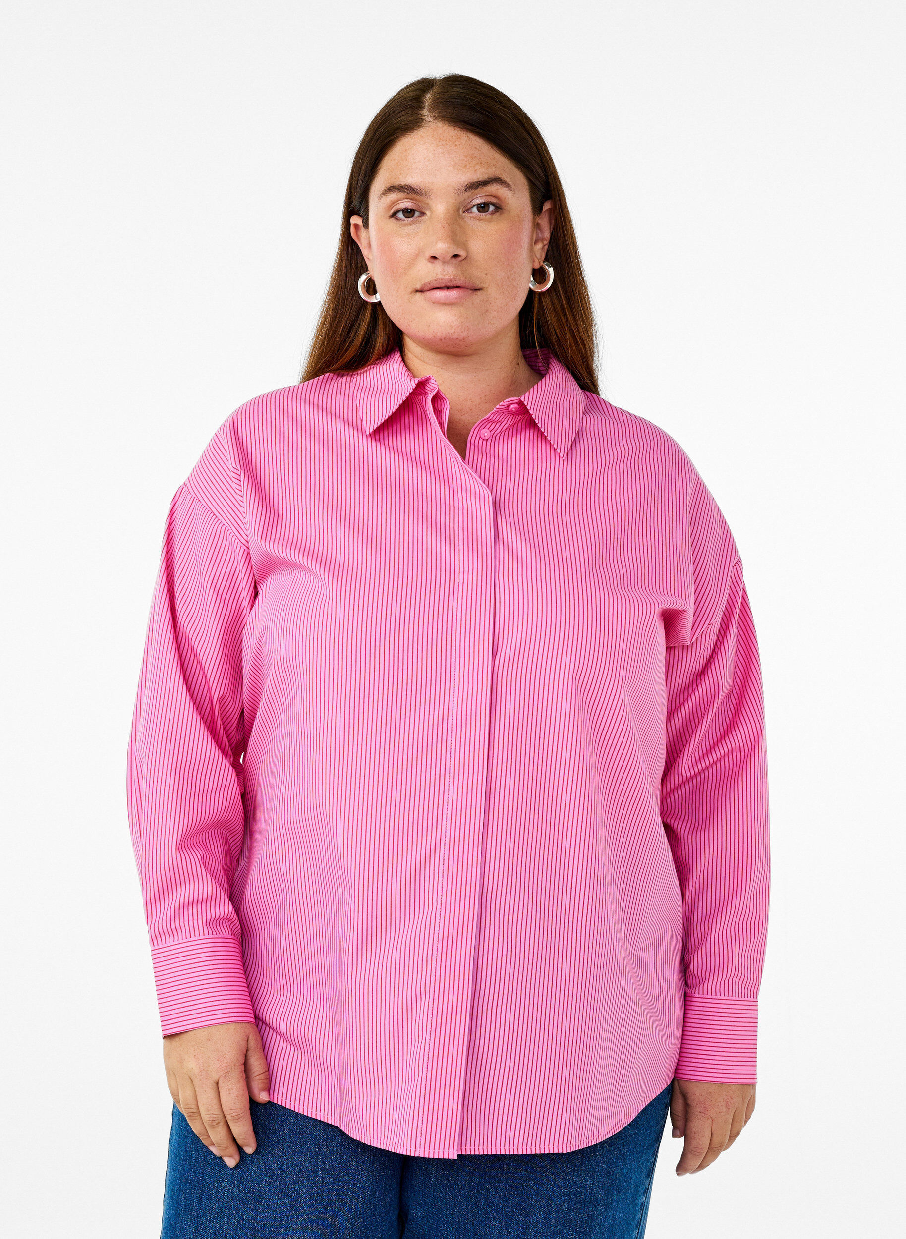 Losse shirt met lange mouwen en strepen, Roze, Model