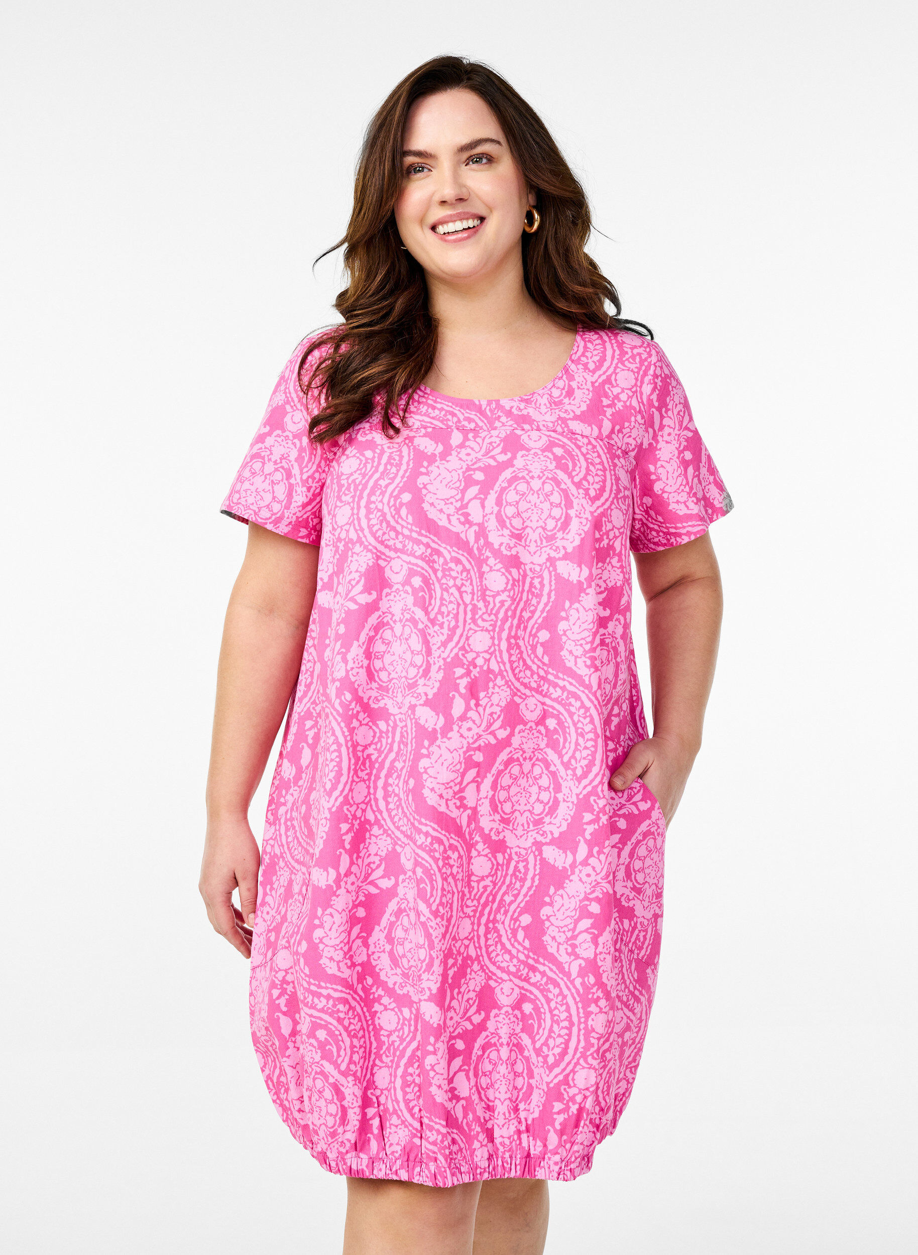 ZizziKatoenen jurk met korte mouwen en print, Roze, Model image number 0
