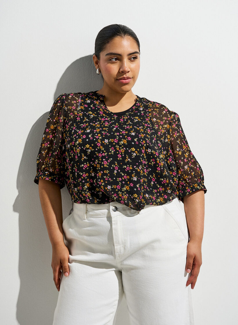 Blouse met bloemenprint en V-hals, Zwart, Image image number 0