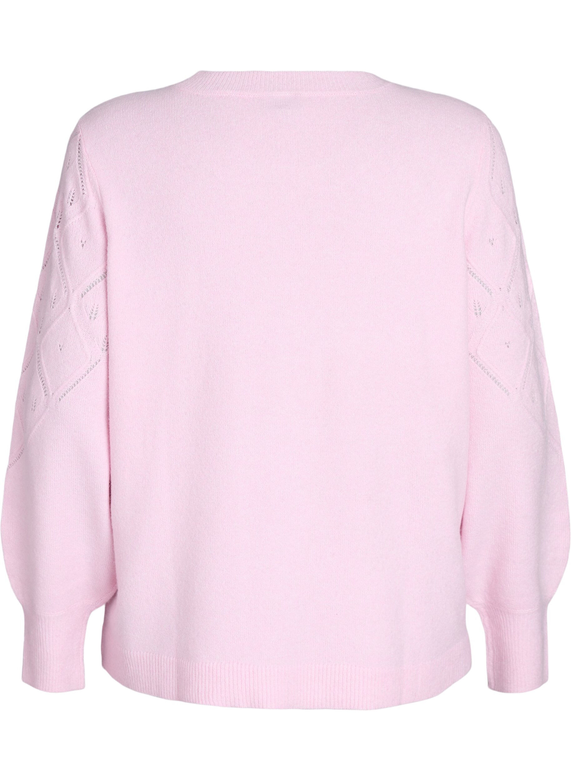 ZizziGebreide top met opengewerkt patroon en ballonnen mouwen, Roze, Packshot image number 1