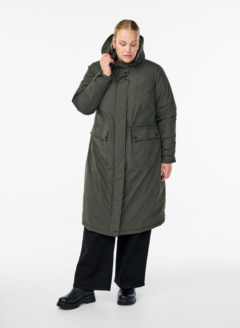 Parka met capuchon en verstelbare taille, Groen, Model image number 1