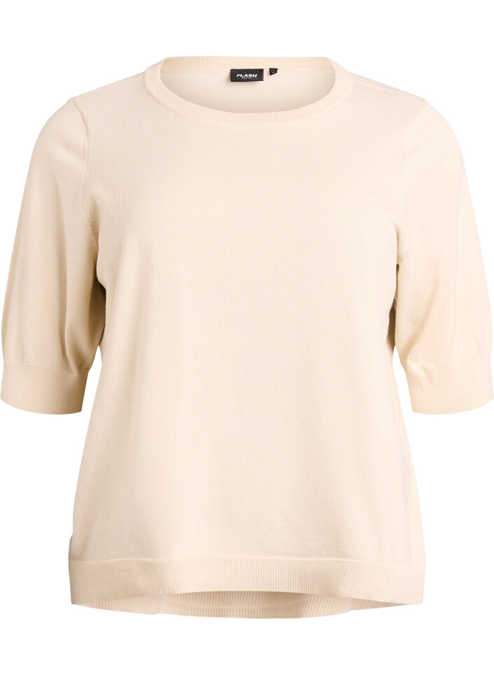 Fijngebreide blouse met korte mouwen, Beige, Packshot image number 0