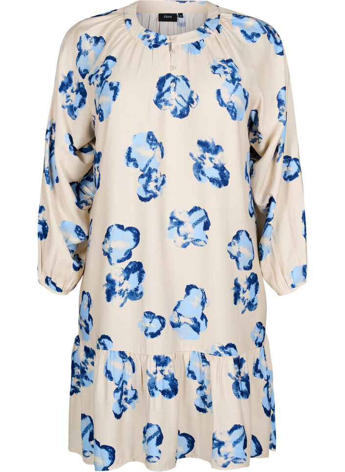 Knie-lange jurk met lange mouwen en een A-lijn snit, Off White Blue AOP, Packshot