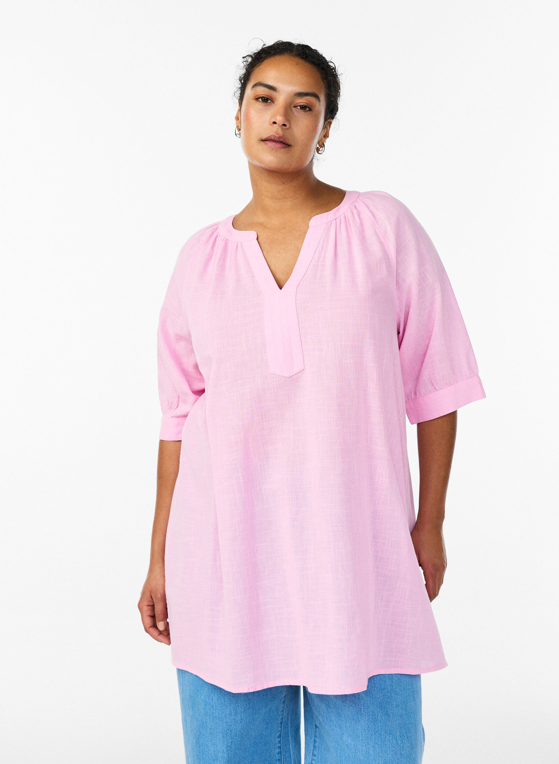 Katoenen tuniek met V-hals, Roze, Model