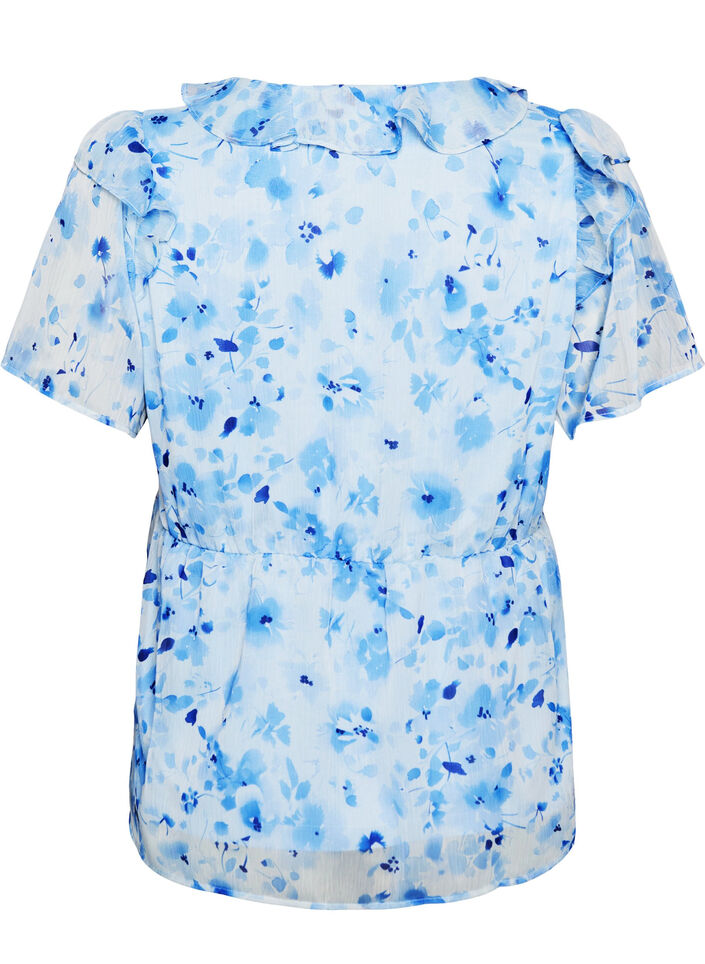 Bloemenblouse met rucheskraag en peplum effect, Blauw, Packshot image number 1