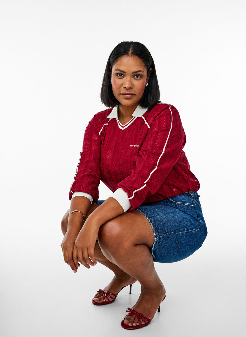 Jersey blouse met een textuur en contrasterende details, Rood, Model image number 3