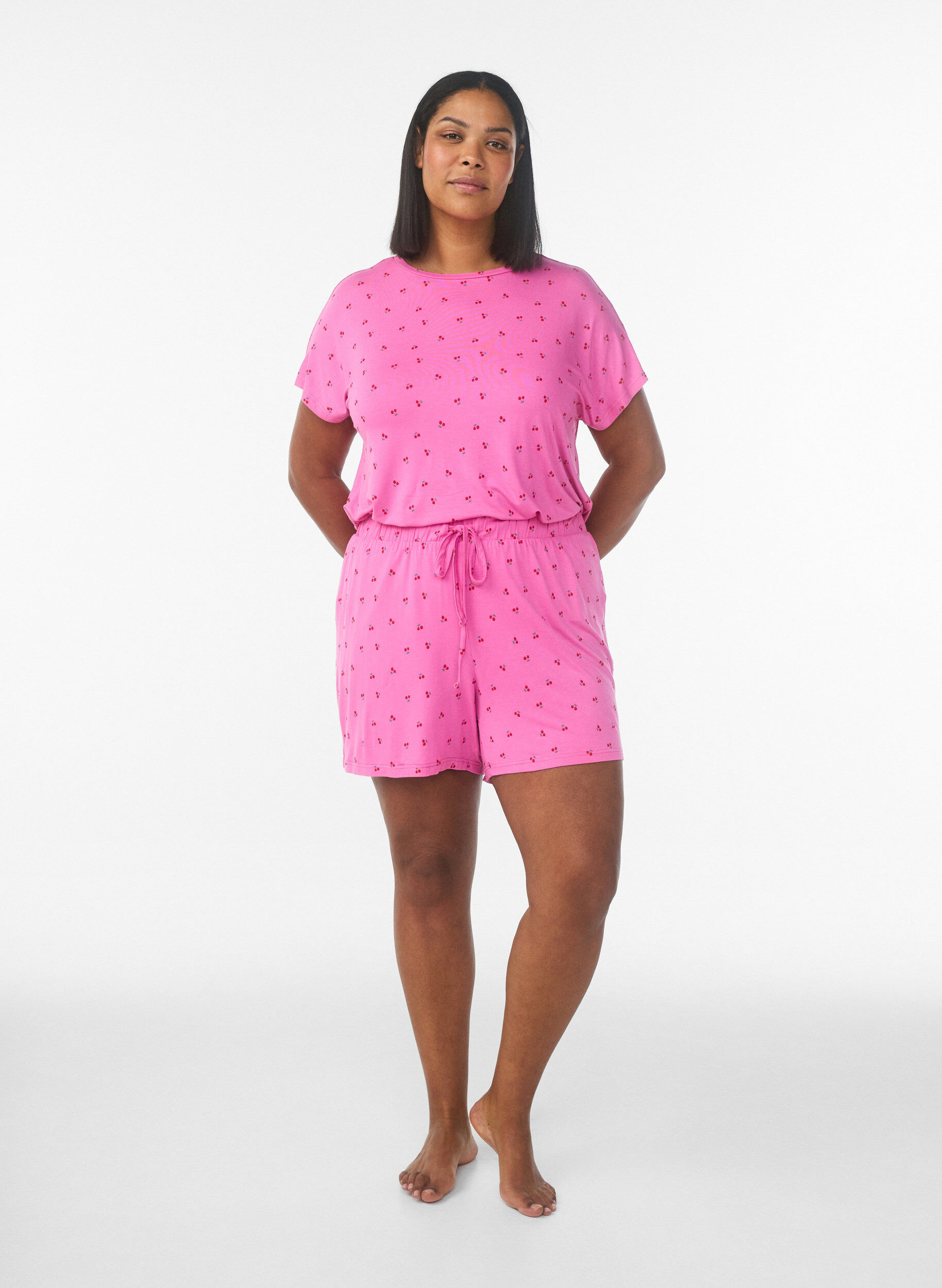 ZizziPyjamashorts in viscose jersey met een all-over print, Roze, Model image number 1