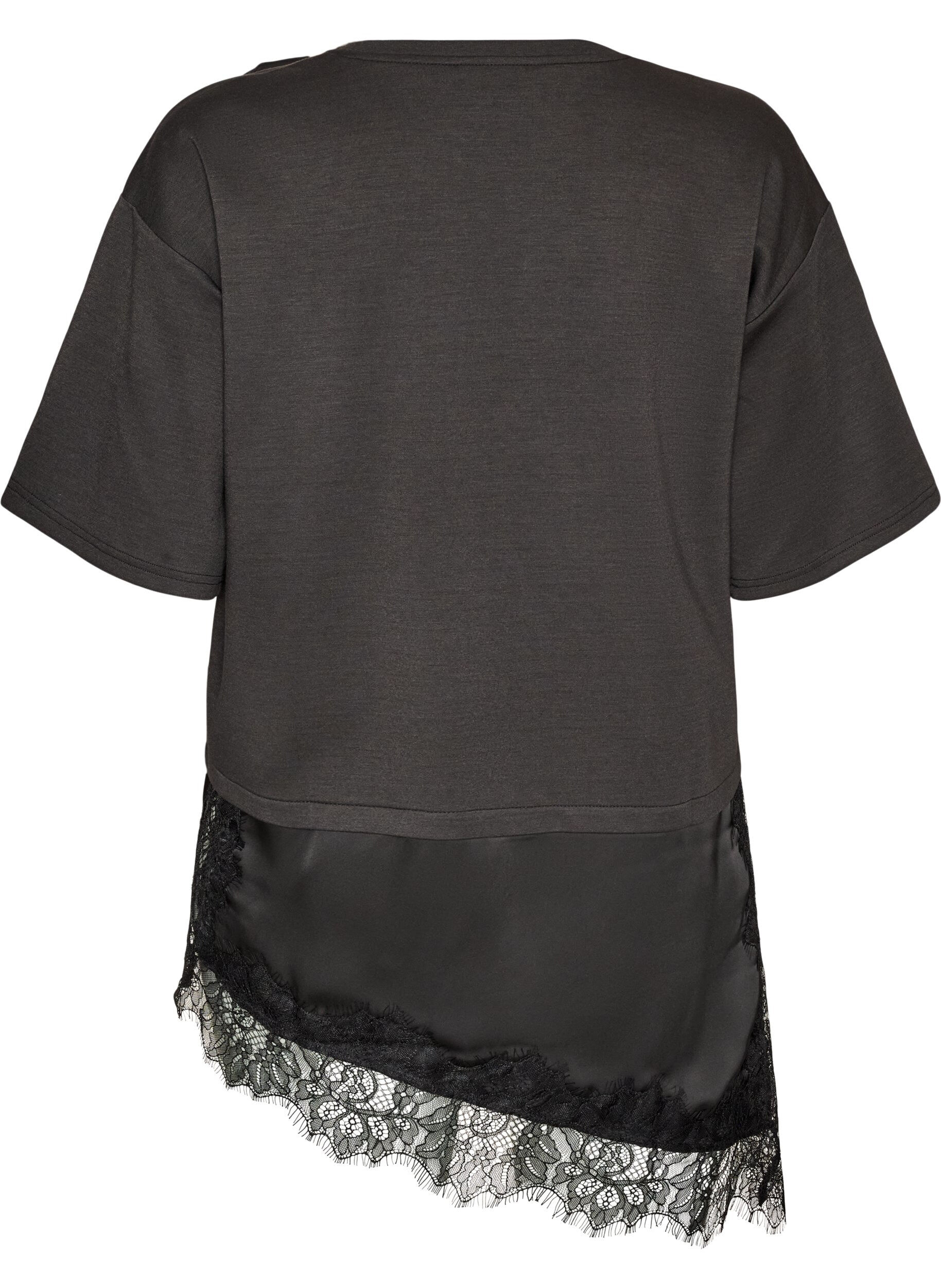 ZizziJersey blouse met gelaagde look en kant, Zwart, Packshot image number 1