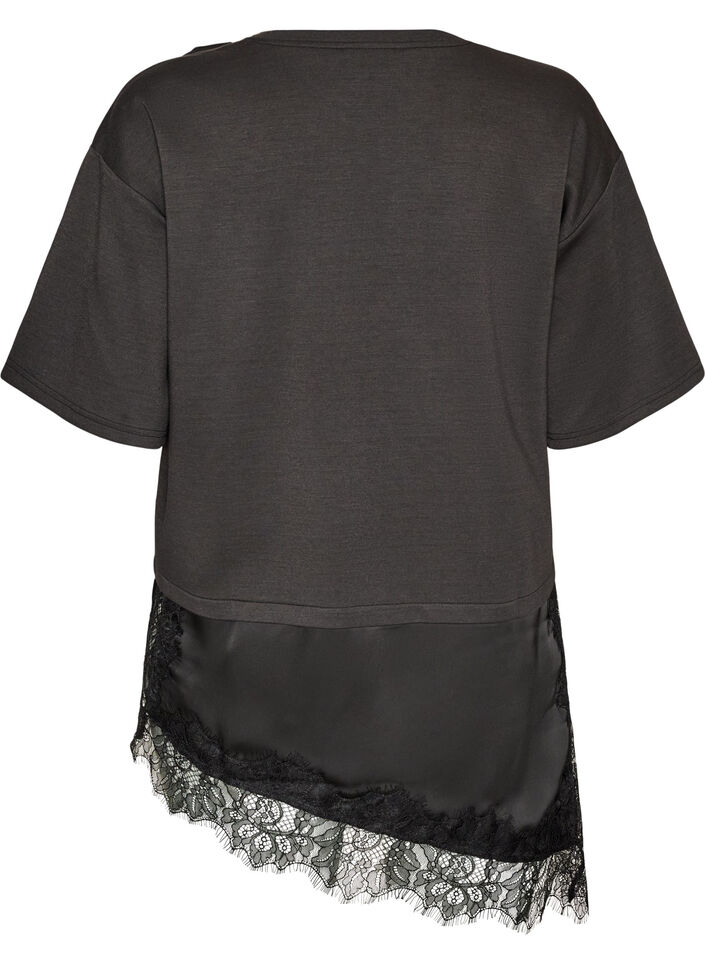 Jersey blouse met gelaagde look en kant, Zwart, Packshot image number 1